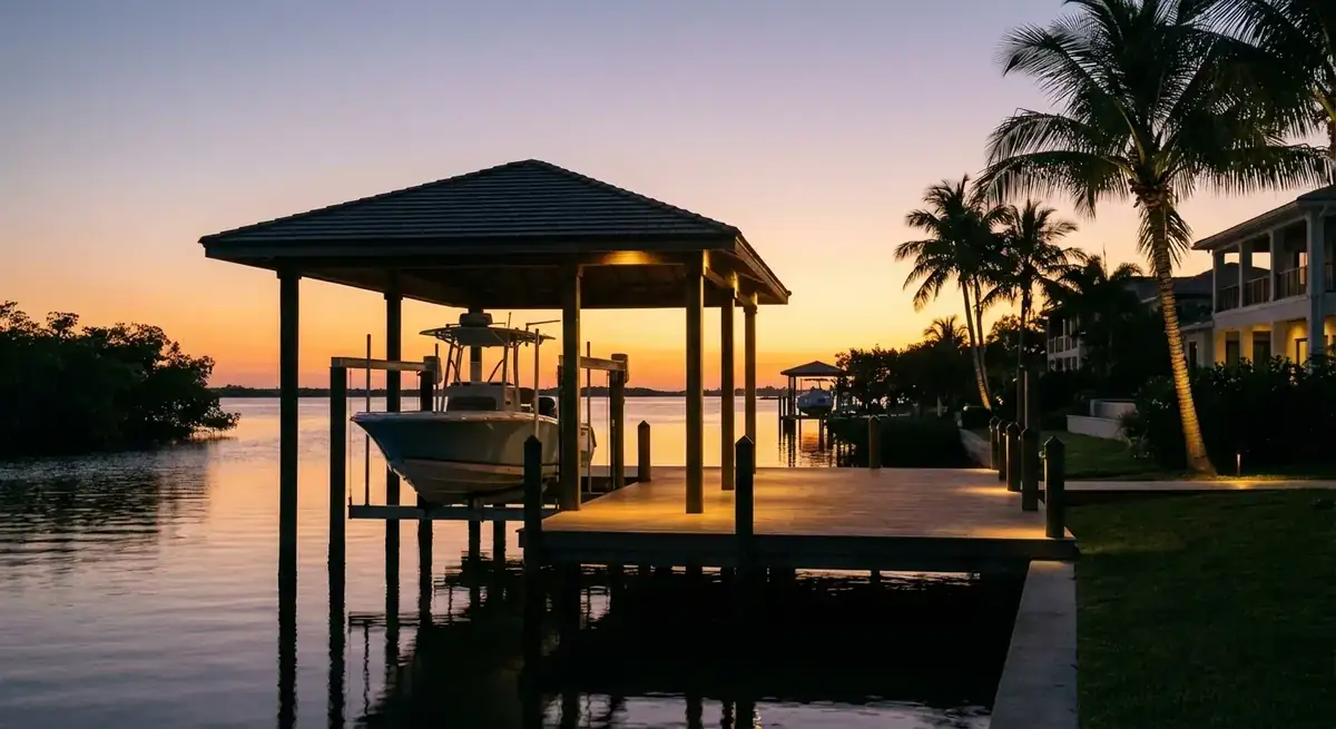 Covered boat lift holding a center console boat beside a wood dock at sunset