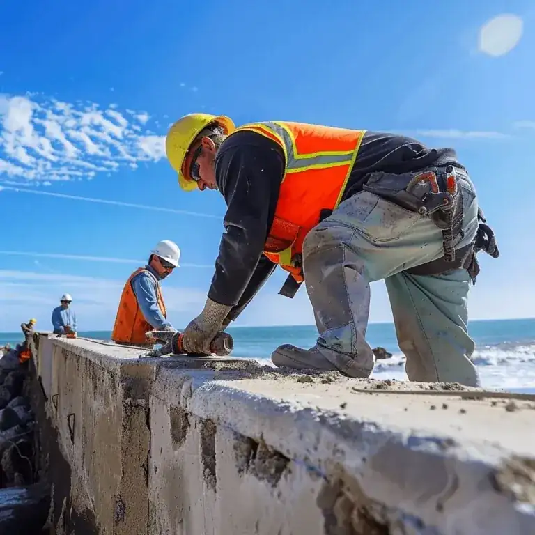 Workers in hard hats grinding and patching a weathered concrete seawall cap beside the ocean